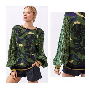 XS Anthropologie Bl^nk London Eyelet Sweater Top Green Puff Sleeve Leaves Blink
